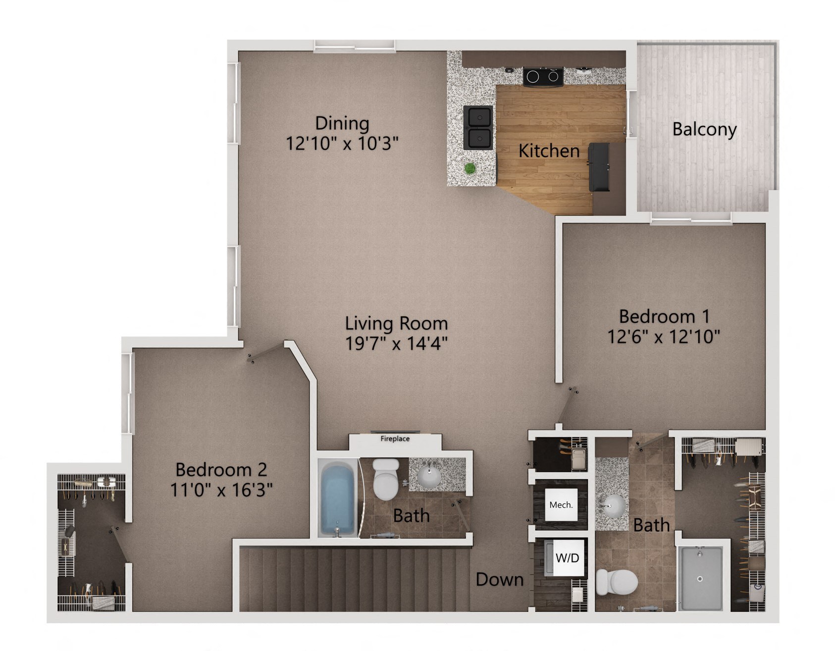 Floor plan for 2 beds, 2 baths, 1181 sqft